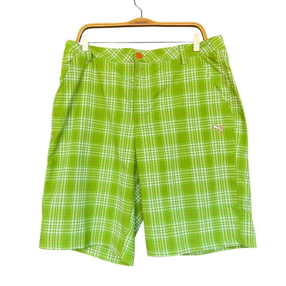 Puma Golf Shorts Mens 38 Green Plaid Bermuda Stretch Performance Microfiber
